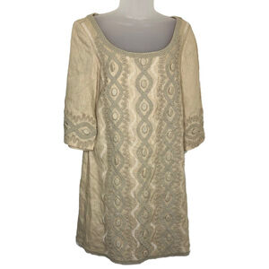 Eci New York 100% Linen Embroidered Beige Sheath Dress‎ Size 4 Embellished Artsy